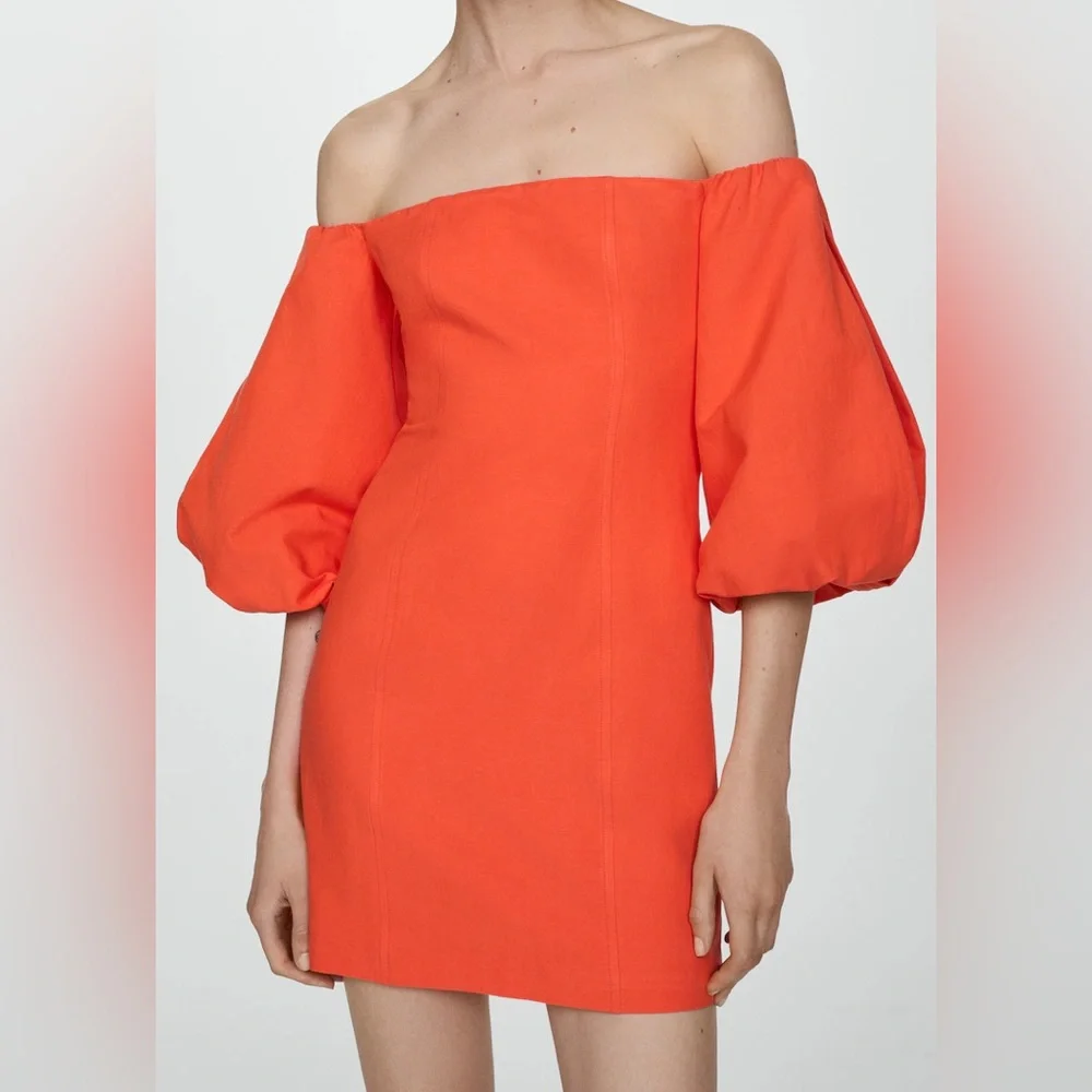 Mango Strapless Puff-Sleeve Mini Dress in Bright Orange - Picture 1 of 10